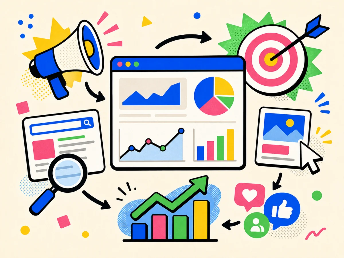 広告・SEO・アクセス解析・集客改善を表すWebマーケティング支援のイラスト